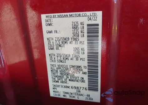 2022 Nissan Rogue Sl Intelligent Awd z USA, uszkodzony, nr VIN 5N1BT3CB8NC698776